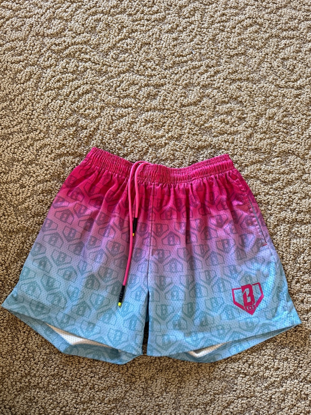 Pink to Light Blue Gradient Athletic Shorts with Drawstring